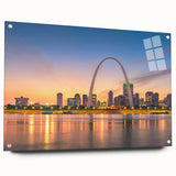Acrylic print of St. Louis skyline with vivid sunset colors, ideal for dining room decor.