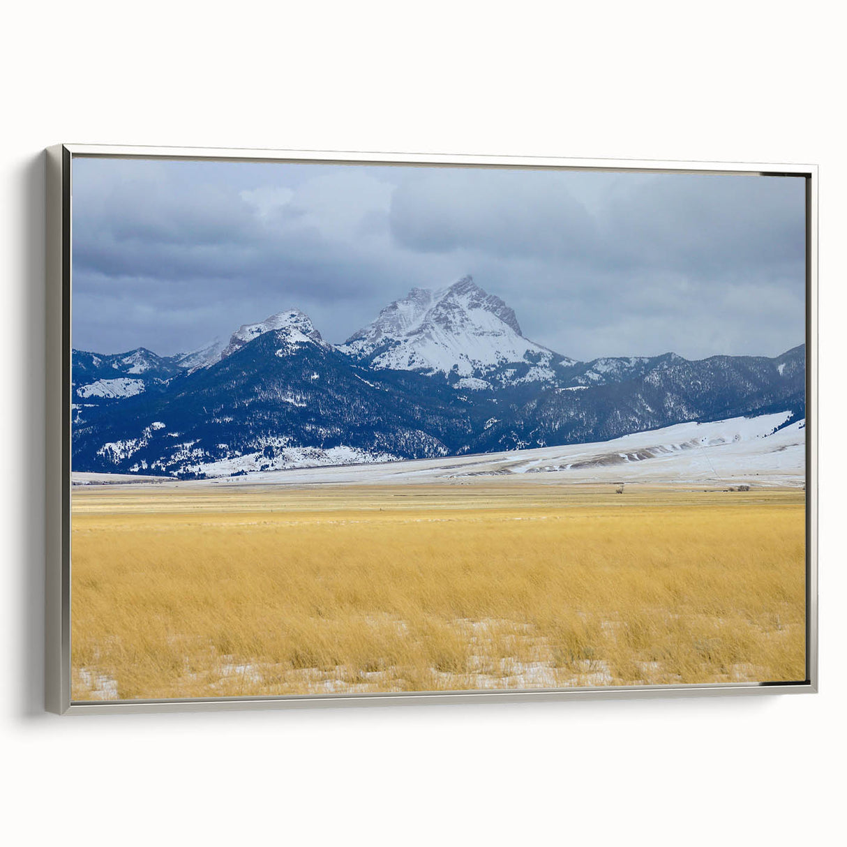 Framed canvas depicting a vintage landscape painting of Montana with a black border and colorful details.