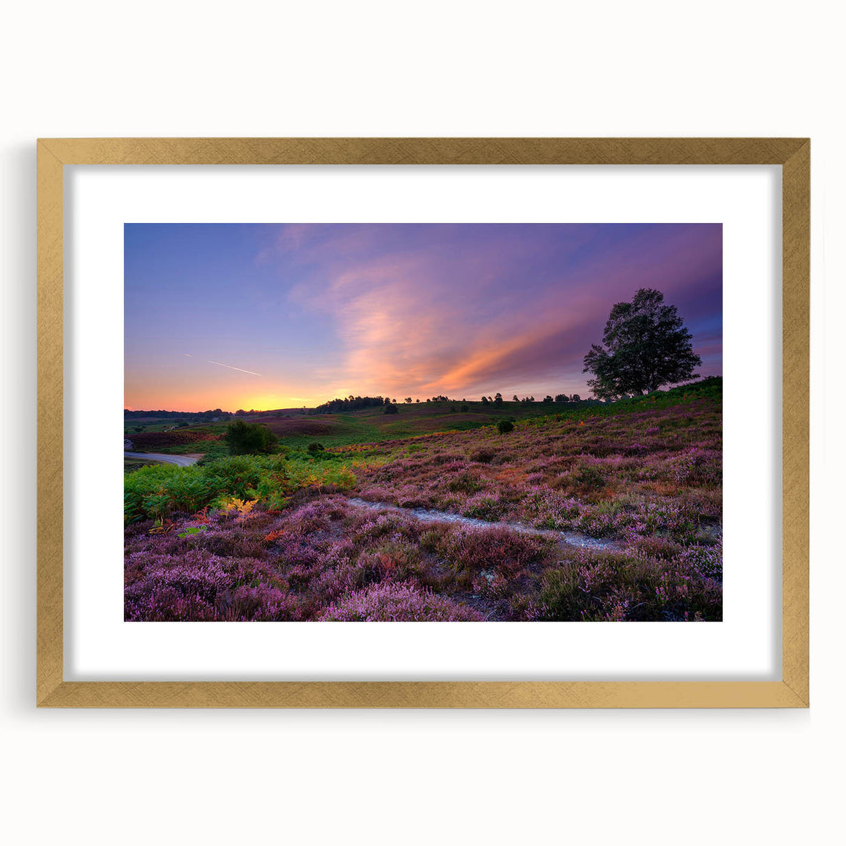 Extra large abstract art print of a New Hampshire landscape in textured gold frame, ideal for living room decor.