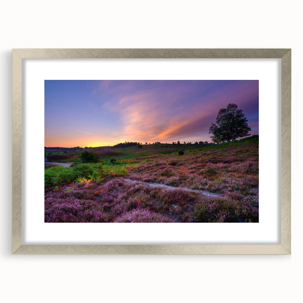 Textured abstract art print of New Hampshire scenery in muted earth tones, framed in silver, suitable for bedroom decor.