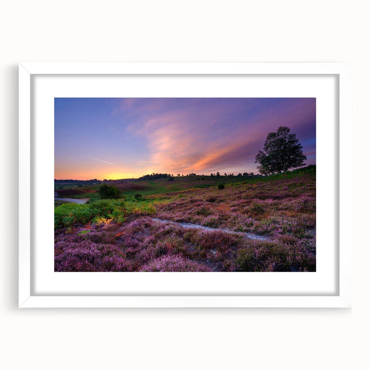 Abstract art print of a New Hampshire landscape in muted green and blue tones on a framed white mat.