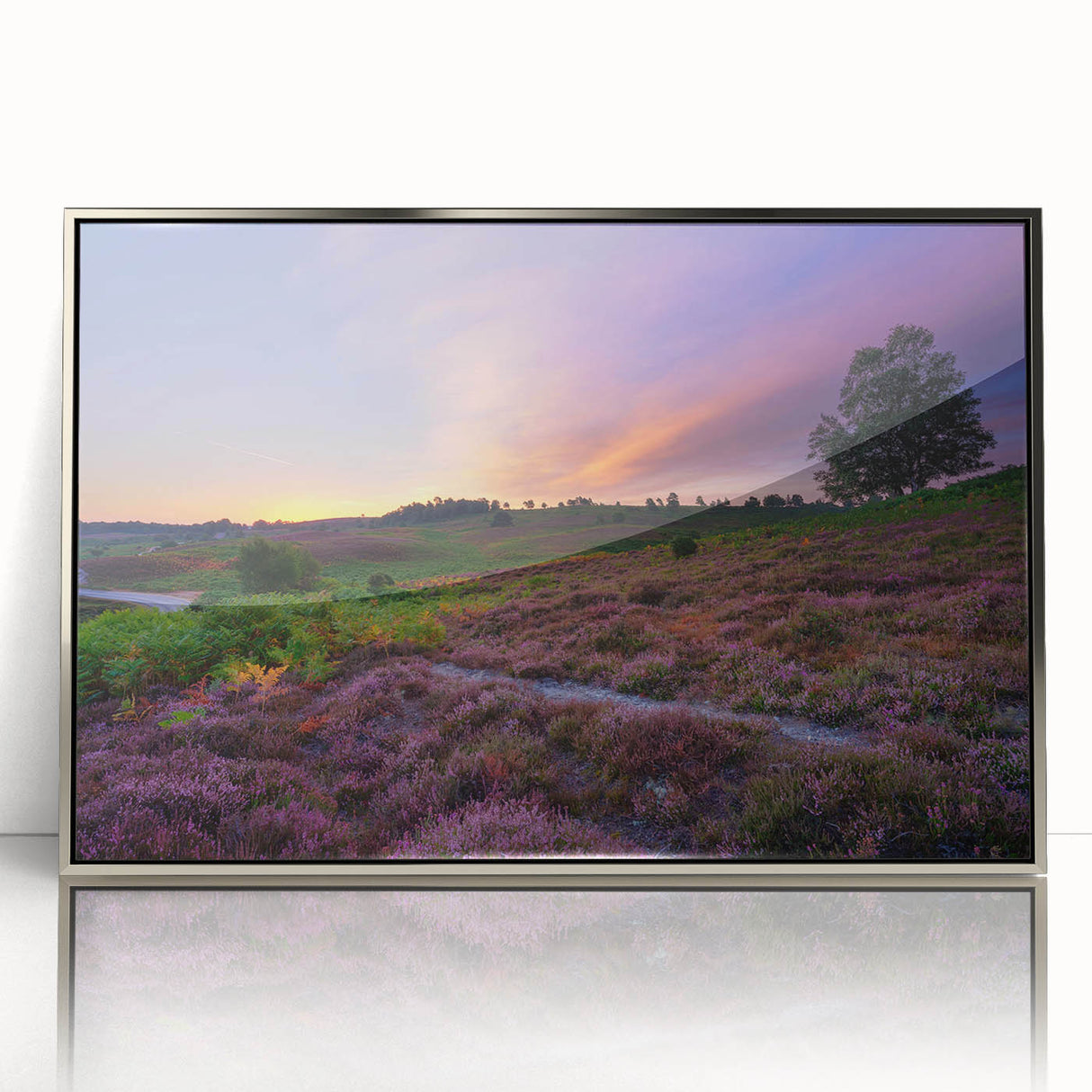 Mid-century modernist art depicting New Hampshire scenery in muted earth tones on a silver-framed acrylic print.