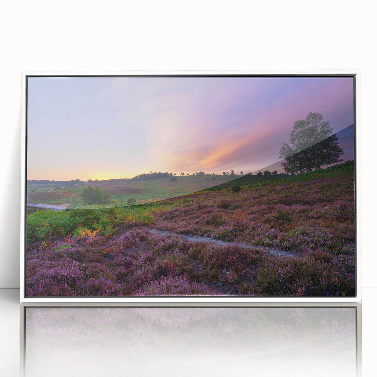 Acrylic print of a serene New Hampshire landscape, framed in white, ideal for modern nursery wall art.