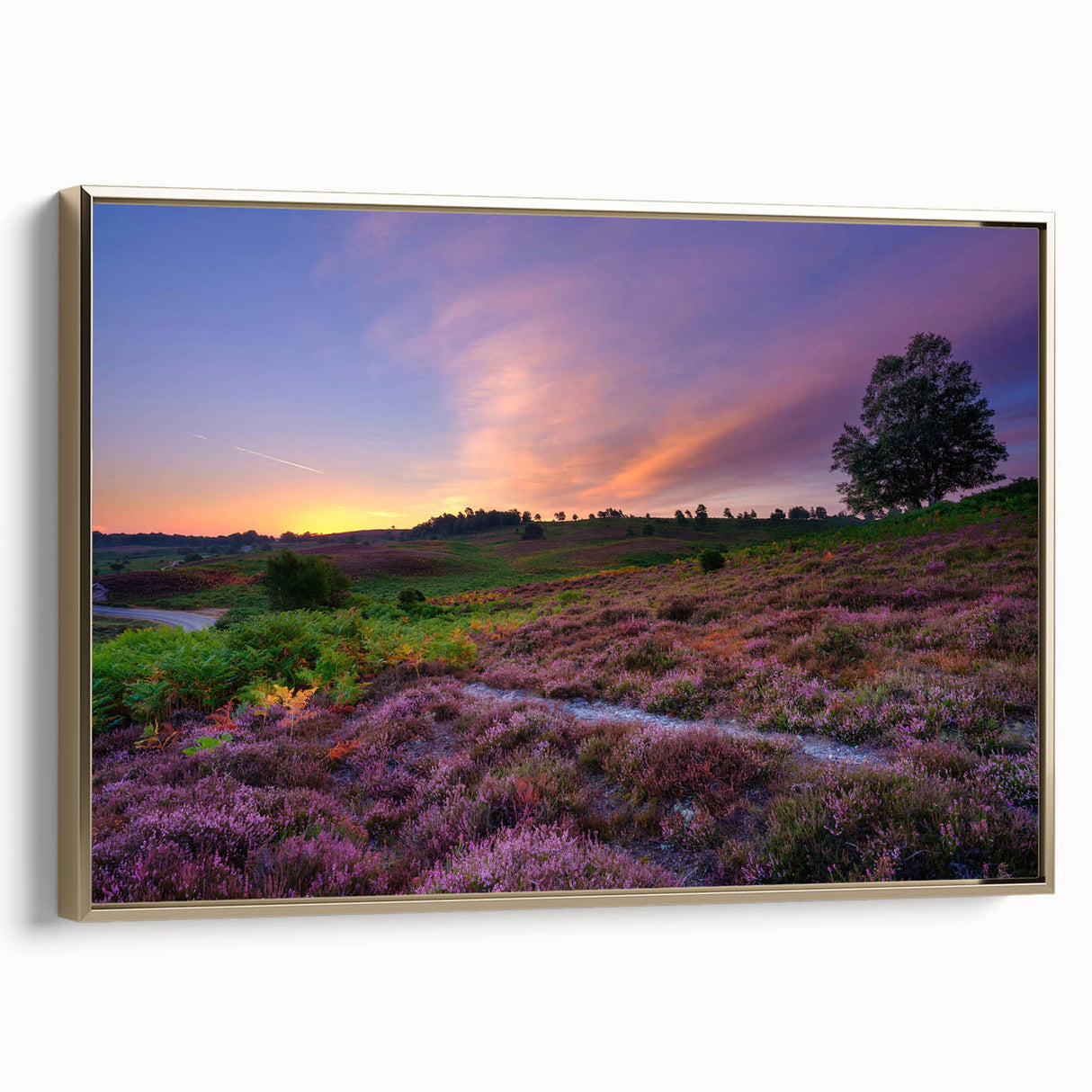 Framed canvas depicting a vintage-style landscape painting of New Hampshire, featuring muted earth tones.