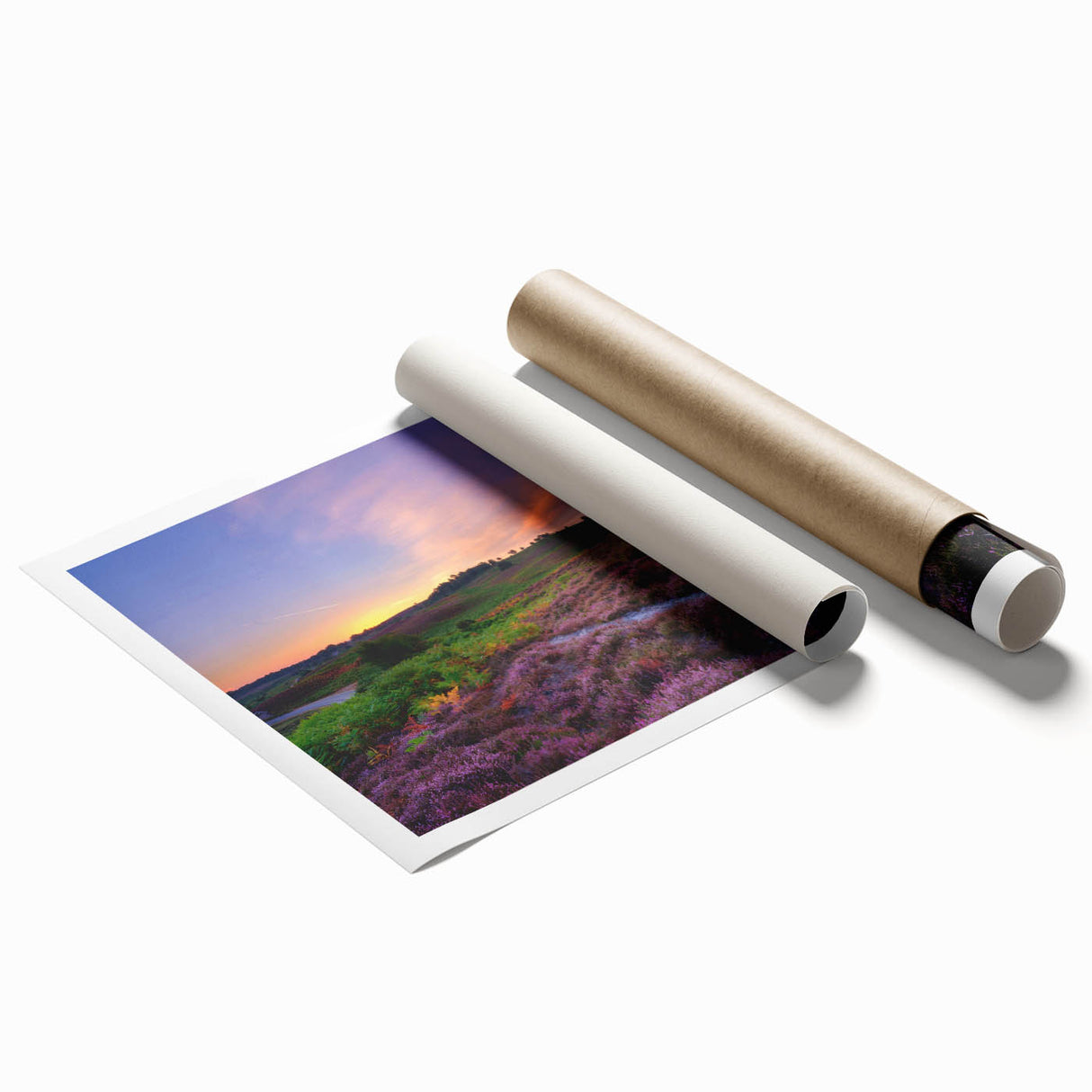 Rolled print of a New Hampshire landscape with lush greenery and floral elements in soft, earthy tones.