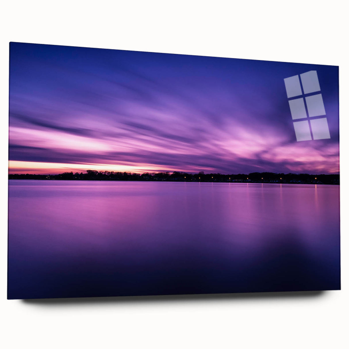 Large abstract wall art of a New Jersey scenery in muted blue and green tones on acrylic glass.
