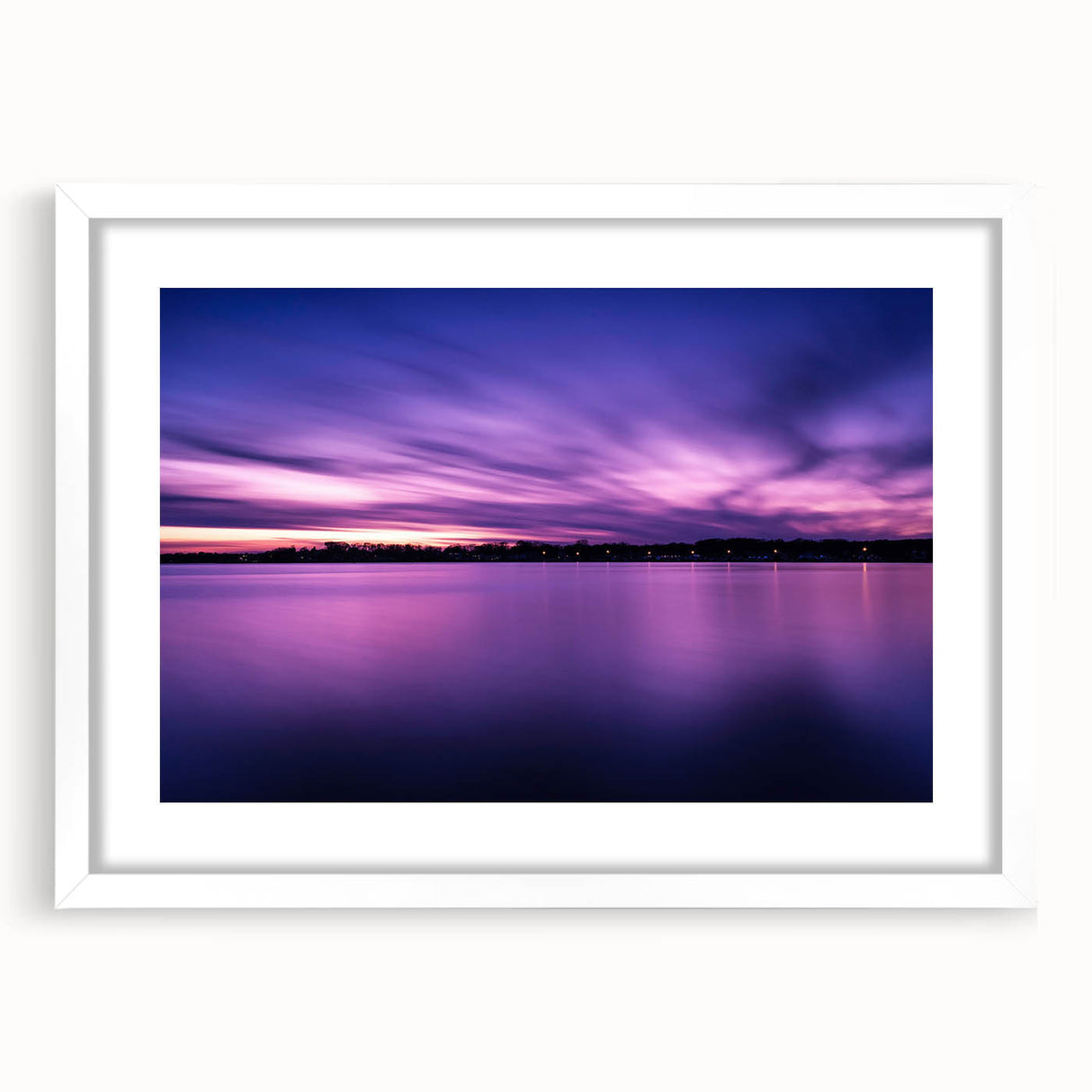 Abstract art print of New Jersey scenery in muted earth tones on a framed white mat, suitable for dining room decor.