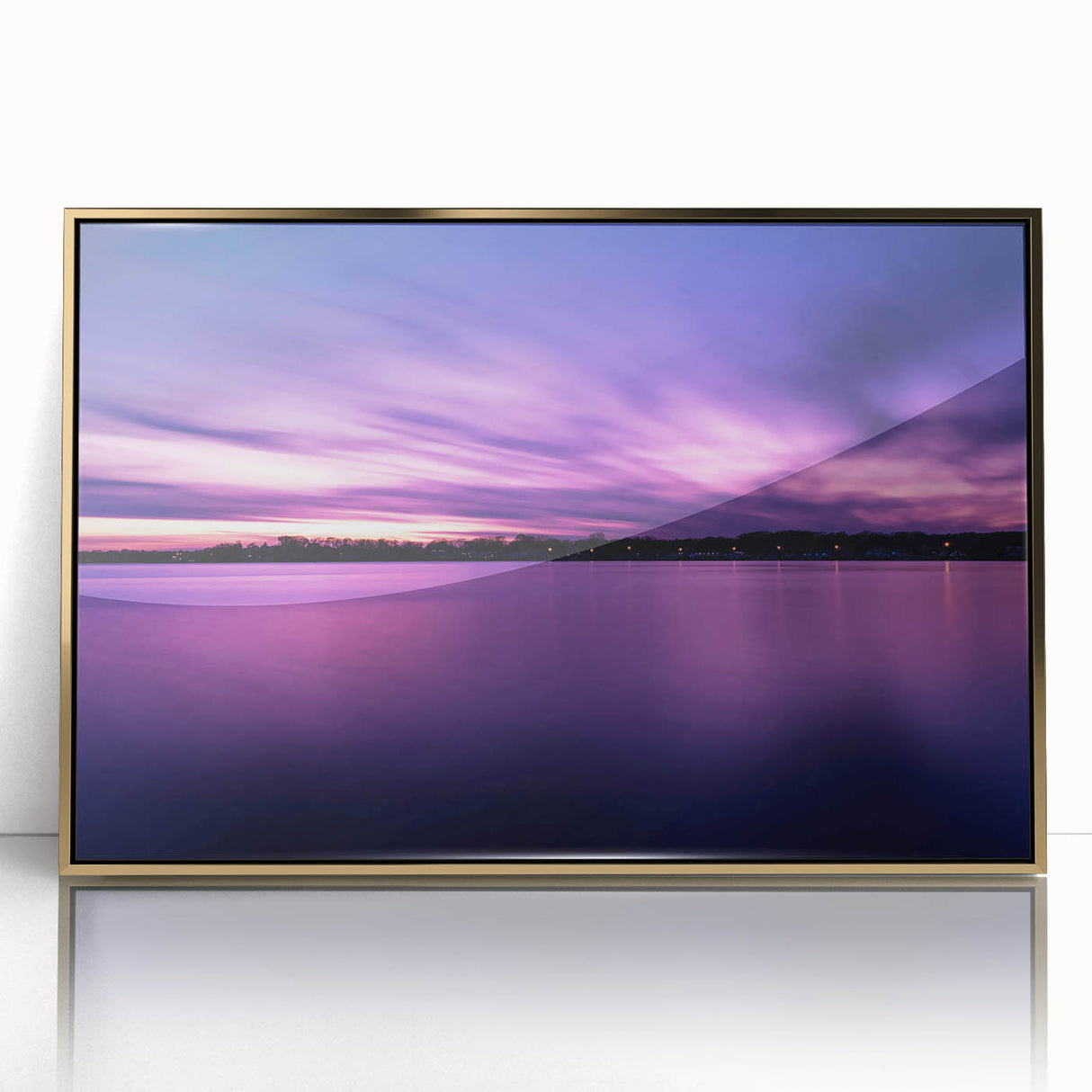 Large acrylic print of a serene New Jersey landscape in muted earth tones, framed in gold, suitable for modern nursery decor.