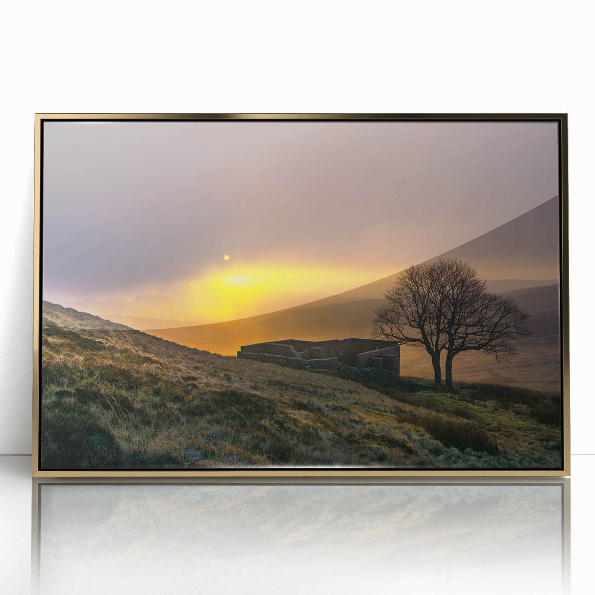 Mid-century modernist art of Charlotte skyline in gold and blue tones on framed acrylic, suitable for modern art wall decor.