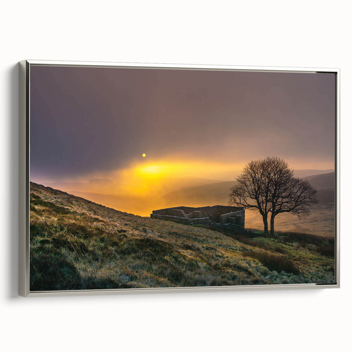 Framed canvas featuring a landscape art painting of the Charlotte skyline in muted gray with vibrant color accents.