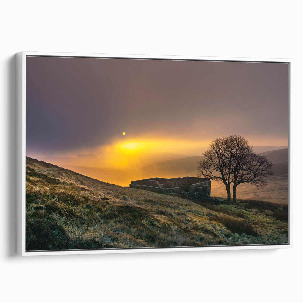 Framed canvas vintage poster art of Charlotte skyline in vibrant colors on a white background.