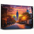 Acrylic print of Raleigh, North Carolina skyline in muted blue and gray tones, suitable for bedroom or dining room decor.
