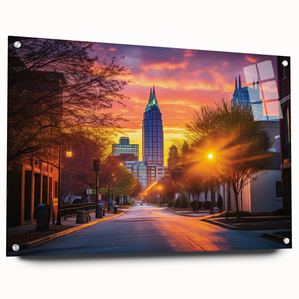 Acrylic print of Raleigh, North Carolina skyline in muted blue and gray tones, suitable for bedroom or dining room decor.