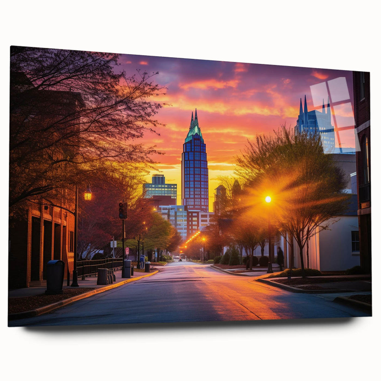 Acrylic print of a large abstract depiction of Raleigh, North Carolina, in muted earth tones.