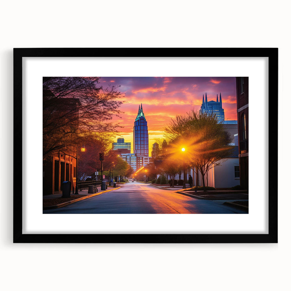 Extra large textured abstract art print of colorful Raleigh skyline, set in a black frame with mat.