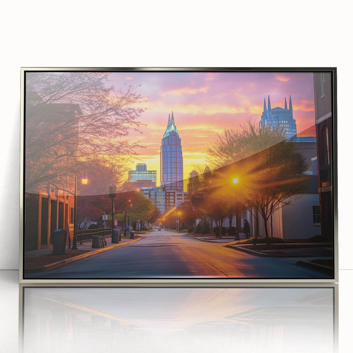 Mid-century modernist art of Raleigh skyline in silver framed acrylic, suitable for modern nursery decor.