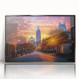 Mid-century modernist art of Raleigh skyline in silver framed acrylic, suitable for modern nursery decor.