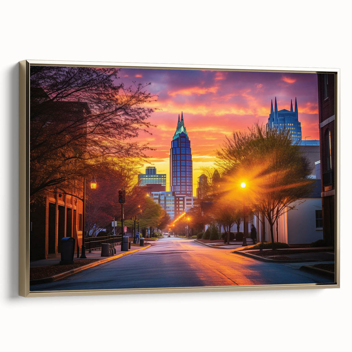Framed canvas featuring a vintage-style landscape painting of Raleigh, North Carolina, in black and gold tones.