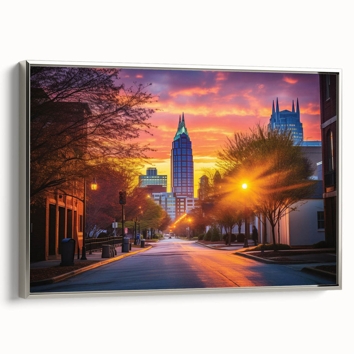 Framed canvas featuring a vintage landscape painting of Raleigh, North Carolina, with muted earth tones.