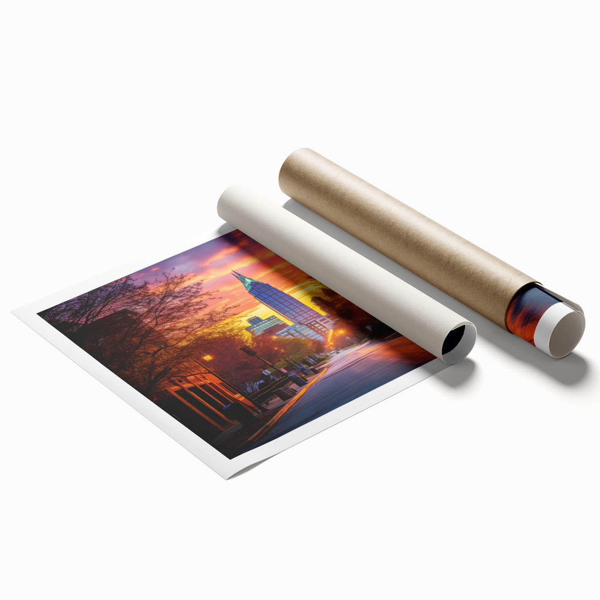Raleigh, North Carolina skyline in muted gray and blue tones on a large rolled canvas, ideal for classy bathroom wall art.