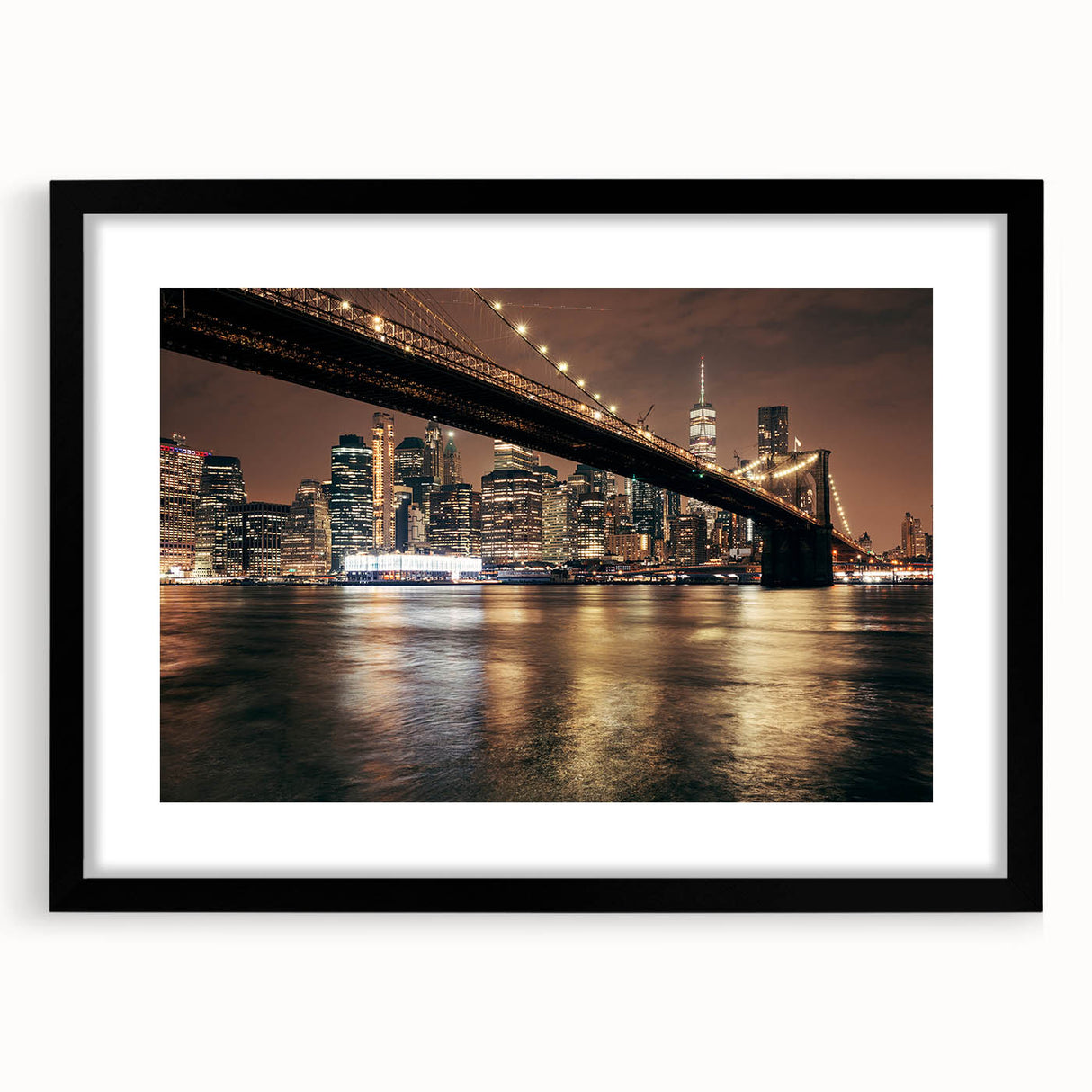 Colorful abstract art print of Brooklyn Bridge in vibrant blue and orange tones on a black framed canvas.