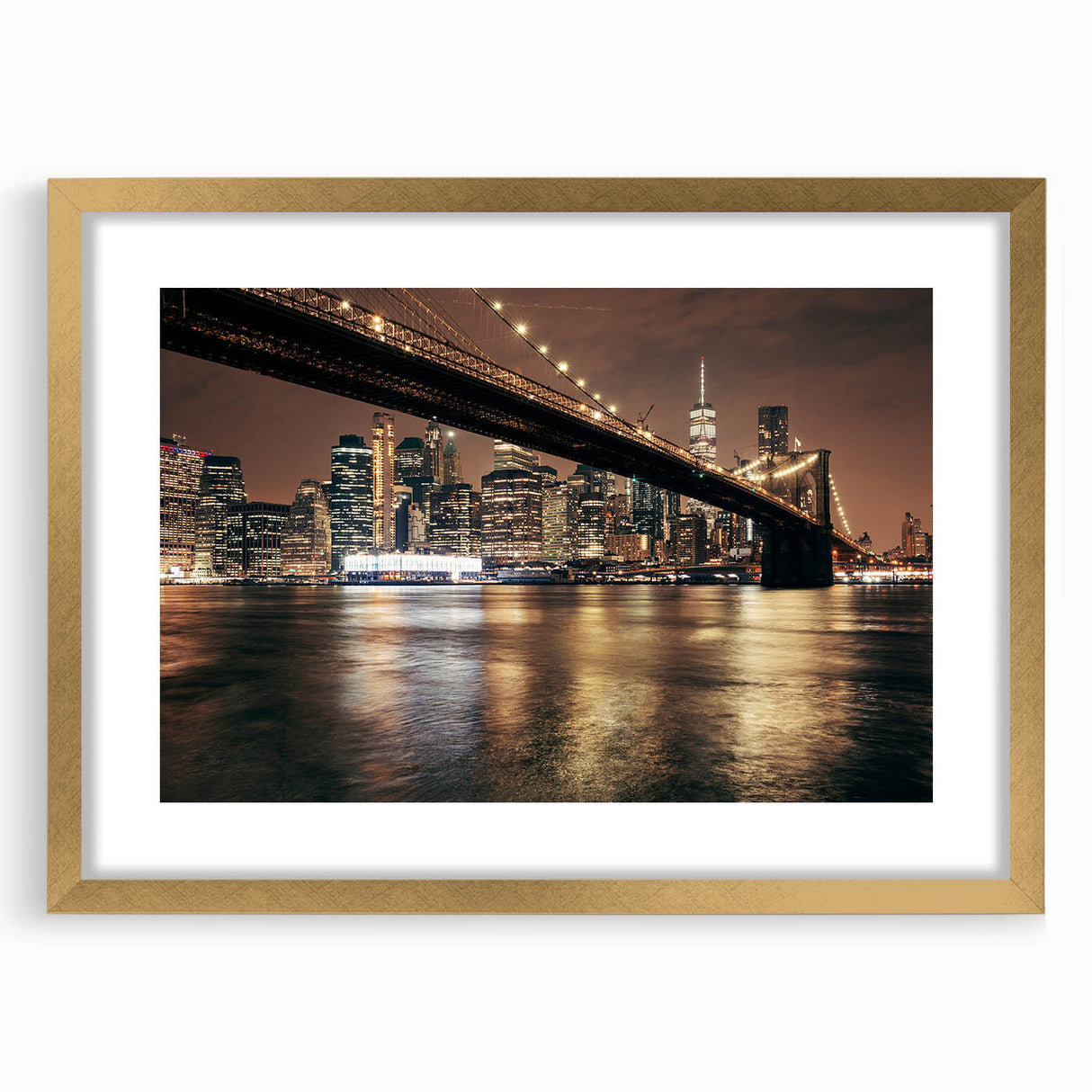 Extra large abstract art print of NYC's Brooklyn Bridge in muted gray, framed in gold, ideal for living room decor.