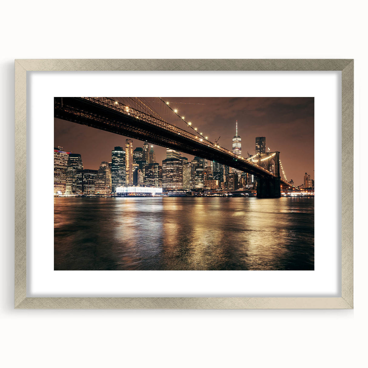 Textured art of the Brooklyn Bridge in muted gray tones on a framed silver mat, ideal for bedroom art.