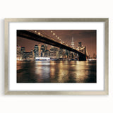 Textured art of the Brooklyn Bridge in muted gray tones on a framed silver mat, ideal for bedroom art.