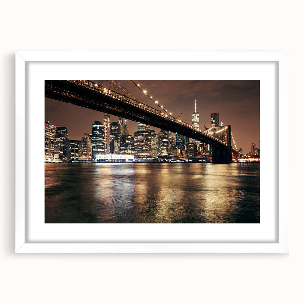 Abstract art print of the Brooklyn Bridge in muted gray and blue tones on a white framed canvas.