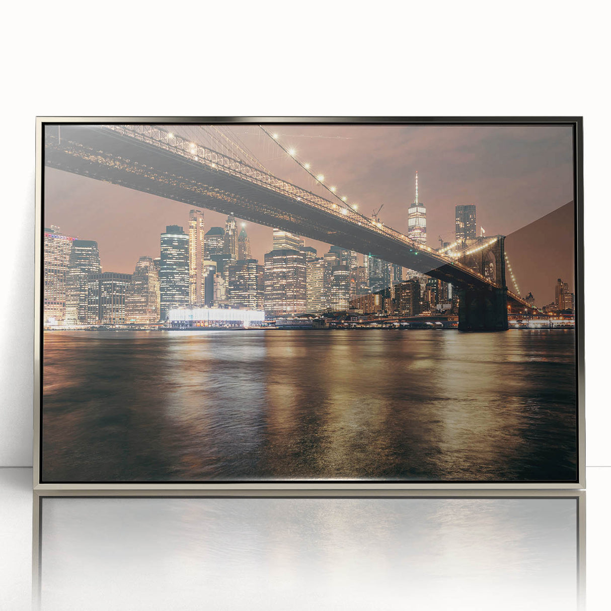 Mid-century modernist art of Brooklyn Bridge in silver acrylic, ideal for modern art wall decor in nurseries.