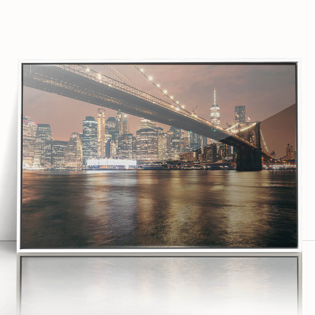 Acrylic print of the Brooklyn Bridge in monochrome tones, framed in white, suitable for modern art wall decor.