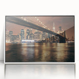 Acrylic print of the Brooklyn Bridge in monochrome tones, framed in white, suitable for modern art wall decor.