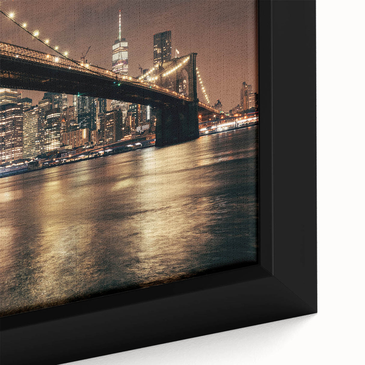 Black wall art featuring the Brooklyn Bridge in textured, colorful art style on a large framed canvas.