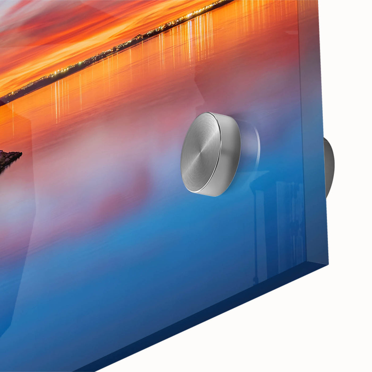 Large abstract wall art featuring vibrant hues of orange and blue on acrylic glass, ideal for dining room ambiance.