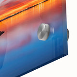 Large abstract wall art featuring vibrant hues of orange and blue on acrylic glass, ideal for dining room ambiance.