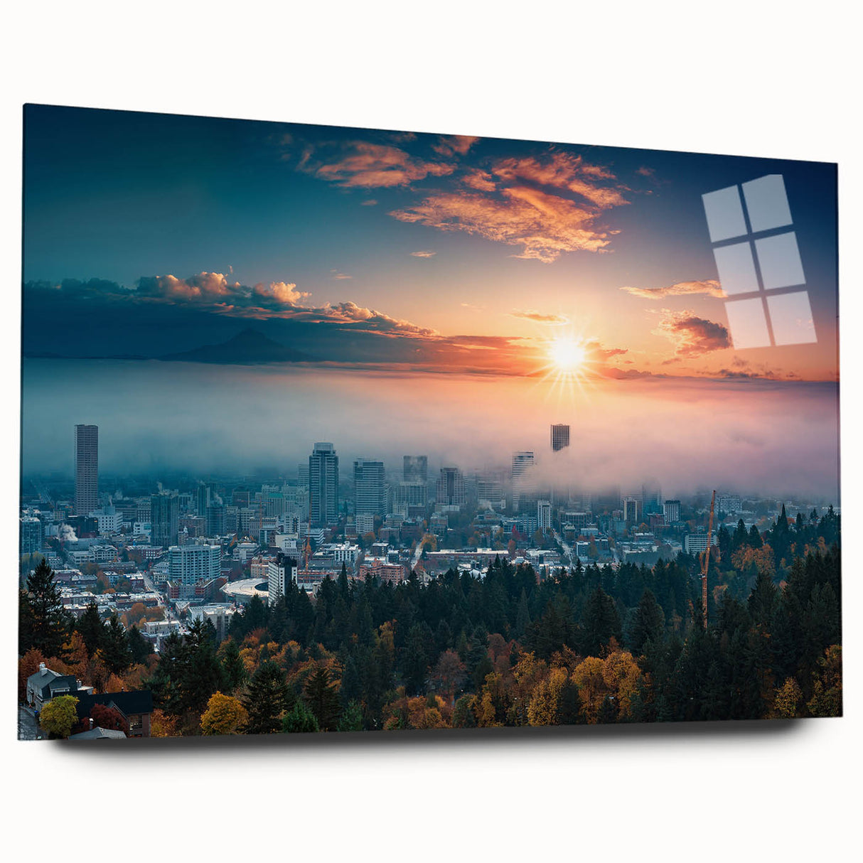 Acrylic print of a large abstract portrayal of Portland, Oregon, in muted gray and blue tones.