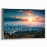 Landscape painting of Portland, Oregon on framed canvas, featuring a vintage poster style with colorful art in black, silver.