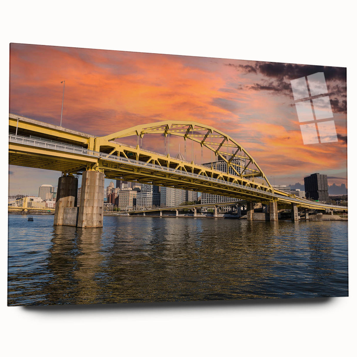 Acrylic print of large abstract Pittsburgh skyline in muted gray and blue, ideal for bedroom or dining room art.