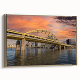 Framed canvas depicting a vintage-style Pittsburgh landscape in muted gold and black tones, ideal for bedroom wall art.