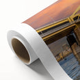 Art deco poster of Pittsburgh skyline in muted gold and blue hues on rolled canvas, ideal for nursery wall art.