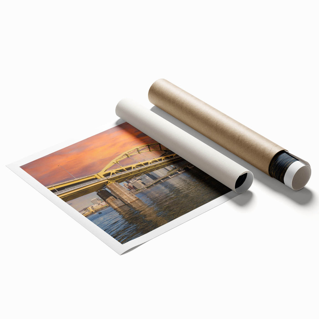 Rolled print of Pittsburgh skyline with muted blue and gray tones, ideal for classy bathroom wall art.