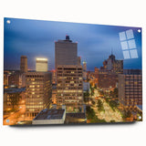 Acrylic print of Memphis skyline in muted blues and grays, suitable for bedroom or dining room wall art.