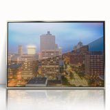 Mid-century modernist art of Memphis skyline in muted blue and silver tones on framed acrylic.