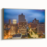 Framed canvas featuring a vintage-style landscape of Memphis, Tennessee in gold and black tones, ideal for bedroom wall art.