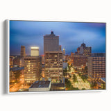 Vintage poster art of Memphis skyline in colorful tones on a large framed canvas, suitable for living room decor.