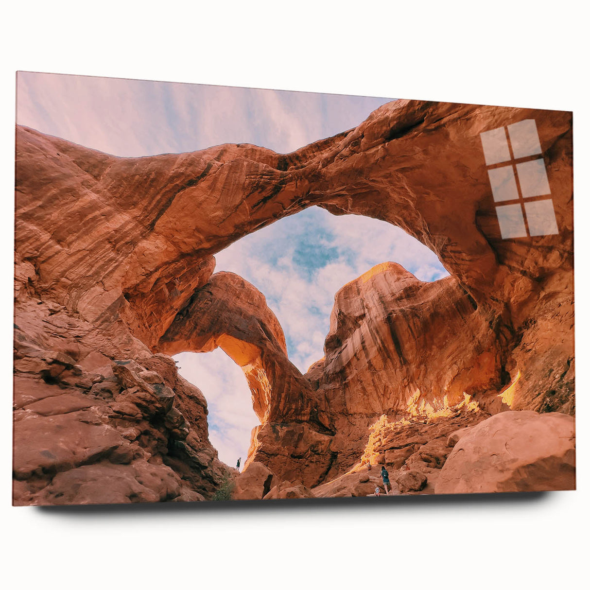 Arches National Park landscape on large acrylic glass, featuring earthy red and blue tones.