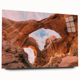 Arches National Park landscape on large acrylic glass, featuring earthy red and blue tones.