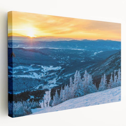 Large canvas print of a serene Vermont landscape in subdued green and blue tones, suitable for kitchen wall art.