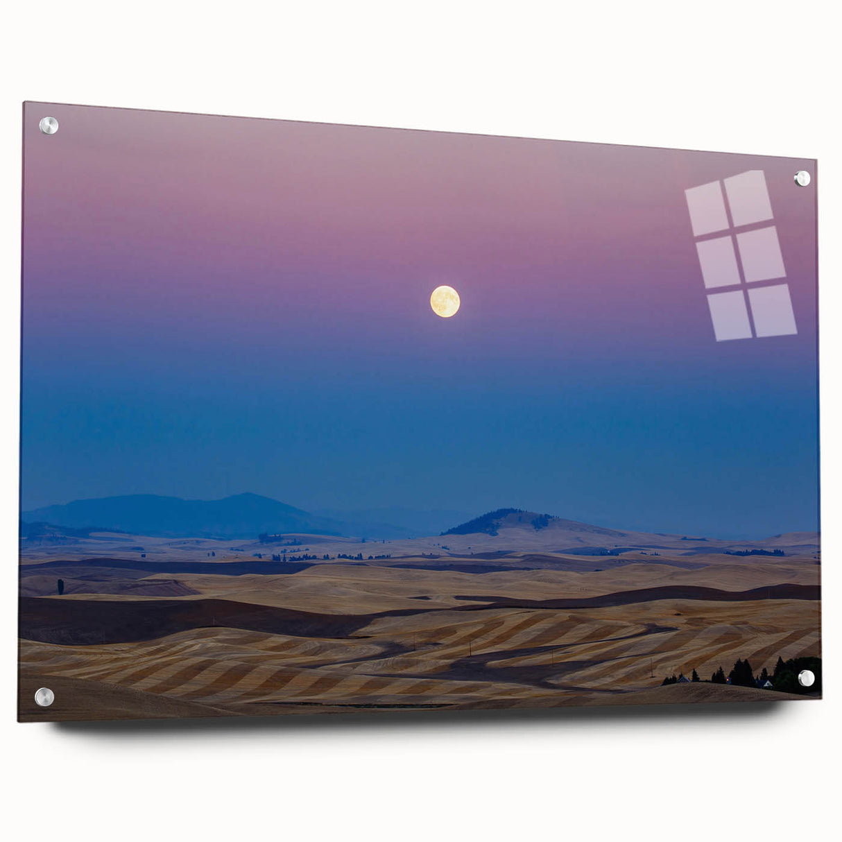 Acrylic print of a large abstract depiction of the Palouse region in muted earth tones.