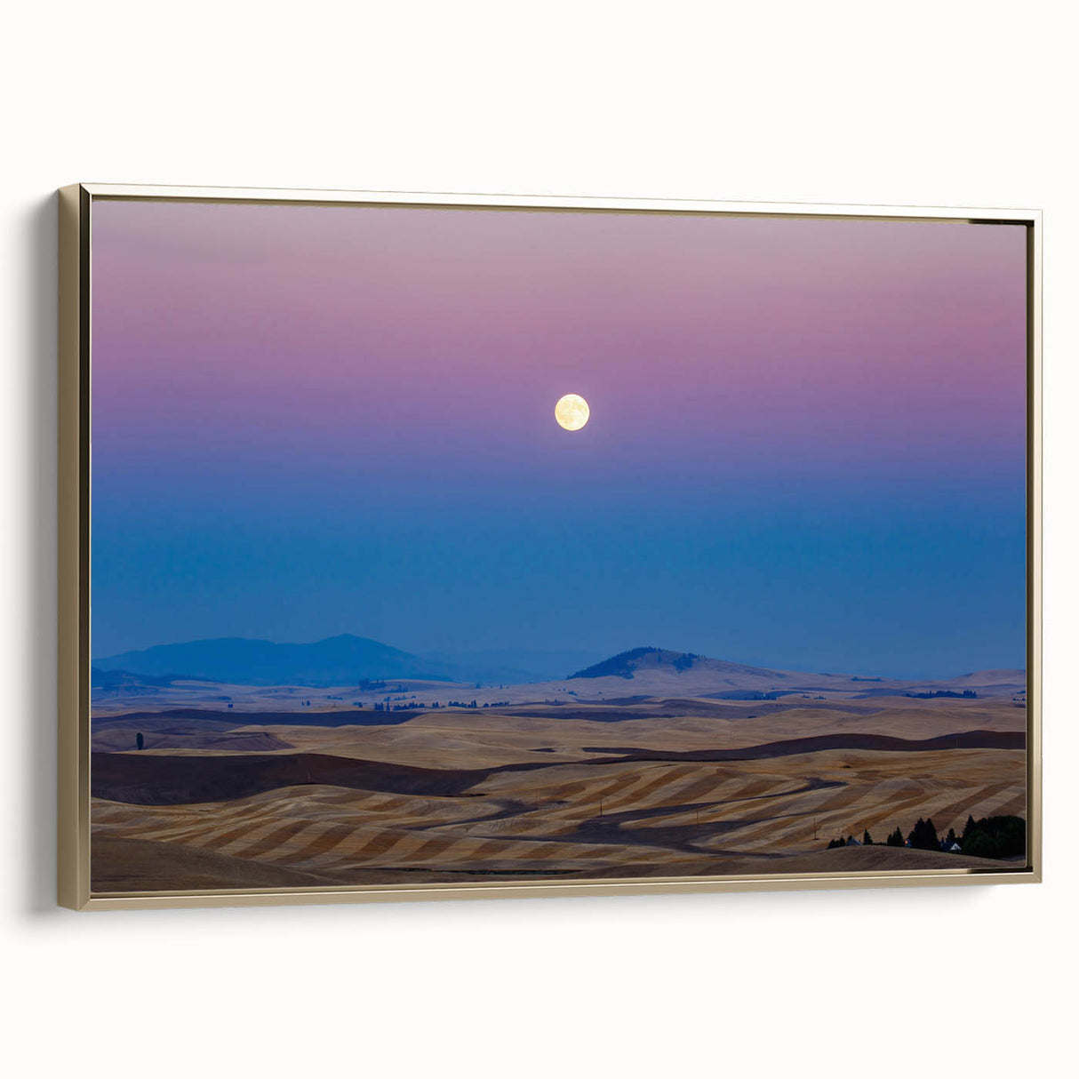 Framed canvas featuring a vintage-style landscape painting of the Palouse hills in Washington, using muted earth tones.